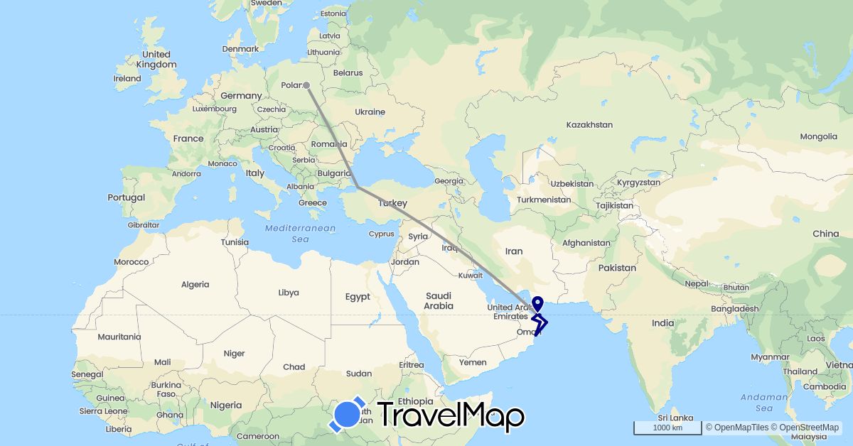 TravelMap itinerary: driving, plane in Oman, Poland, Turkey (Asia, Europe)